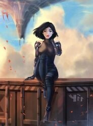 1girls 2019 alita alternate_version_available android battle_angel_alita black_hair bodysuit brown_eyes cybernetic_arm cybernetic_limb cybernetics cyborg dark_hair female female_focus female_only fully_clothed light-skinned_female light_skin lipstick long_hair makeup pale pale-skinned_female pale_skin red_lips red_lipstick short_hair sitting solo solo_female tattiart