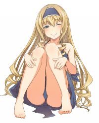 bare_legs bare_shoulders barefoot bikini blonde_hair blue_dress blue_eyes blue_skirt cecilia_alcott clothing dress drill_hair face feet female female full_body infinite_stratos legs lingerie long_hair long_legs looking_at_viewer mune one_eye_closed pantsu simple_background sitting skirt smile solo swimsuit underwear upskirt white_background wink