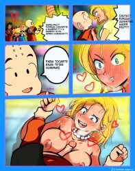 1girls ahe_gao android_18 areolae blonde_hair blue_eyes blush breasts comic cum dialogue dragon_ball dragon_ball_z elsky_ii erection female horny krillin kuririn large_breasts male nipples paizuri penis sex shenron smile son_gohan spanish_text speech_bubble straight sweet text translated yamcha yellow_hair