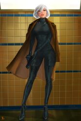 1girls black_bodysuit blue_eyes bodysuit clothing coat curvaceous curvy curvy_female curvy_figure female female_focus female_only full_body_suit fully_clothed gun high_heel_boots high_heels hourglass_figure nier nier:_automata nier_(series) pistol solo solo_female tattiart tight_clothing voluptuous white_hair yorha_2b