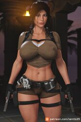 1girls 3d abs backpack bag belt big_breasts binoculars cameltoe female female_only firearm footwear glock gloves grappling_hook gun handgun handwear hard_nipples human lara_croft lara_croft_(survivor) legwear pale_skin patreon_username shorts solo_female tb25 thick_thighs tomb_raider tomb_raider_(survivor) weapon