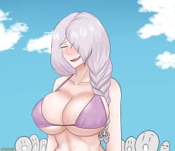 2022 afimaki beach bikini bikini_top blush braid braided_hair braided_ponytail breasts closed_eyes cloud clouds cloudy_sky crowd danganronpa danganronpa_3 danganronpa_s:_ultimate_summer_camp gray_body kimura_seiko large_breasts light-skinned_female light_purple_hair light_skin older_female open_mouth ponytail purple_bikini purple_bikini_top purple_hair sky straight_hair sweat