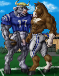 2003 abs american_football anthro ass back_pose ball balls biceps bottomless bovine bulge cattle clothed clothing duo equine football_(ball) furry hooves horse male_only mammal muscular nipples pecs penis penis_outline sky sport sudonym topless