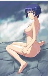 1girls ai_yori_aoshi ass barefoot blue_eyes blue_hair blush breasts female nude sakuraba_aoi short_hair solo