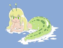 1girls antennae bi-nyo blonde_hair breasts female green_eyes monster_girl nipples pukao slime slug slug_girl small_breasts topless wet_skin