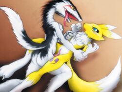 4:3 ass blue_eyes breasts claws digimon fangs female female_only flat_chest fur furry long_tongue multiple_females open_mouth rain rain_(sergal) rape renamon saliva sergal sex tail tongue yellow_eyes yuri