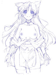 animal_ears bell blush breasts cat_ears female gloves long_hair monochrome ninja okome_rice sketch thighhighs topless