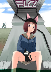 animal_ears canti cat_ears flcl mamimi_samejima misaki_takahiro panties plaid_skirt school_uniform sitting skirt takkun tartan_skirt underwear upskirt