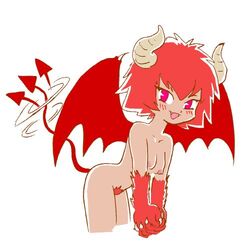 bi-nyo demon_girl horns lowres monster_girl nude pubic_hair pukao red_eyes red_hair solo tail wings