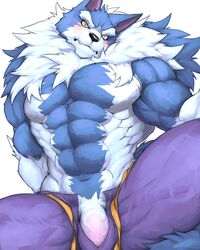 2018 5_fingers abs anthro biceps big_muscles black_nose blue_hair blush canine capcom captainjohkid claws clothing darkstalkers flakjacket0204 fur gallon hair hi_res jon_talbain male male_only mammal muscular muscular_male pecs simple_background solo solo_male standing video_games were werewolf white_fur white_hair wolf