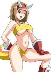 bikini blush boots breasts brown_hair cirima cosplay dinosaur_king female gloves grey_eyes hat horns kodai_aki large_breasts leg_up milf nipple_bulge pose short_hair simple_background smile solo swimsuit tail tight_clothing tubetop underboob visor volvox wink