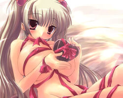 1girls 2d areola_slip areolae blonde_hair blush breasts chocolate chocolate_heart ga015 heart huge_breasts long_hair mouth_hold naked_ribbon nipple_bulge ribbon solo tied_hair twintails valentine