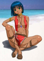 1girls anus artist_request ass beach blush breasts censored dark-skinned_female dark_skin earrings female fushigi_no_umi_no_nadia gainax human jewelry medium_breasts nadia_la_arwall nipple_slip nipples purple_hair pussy sandals short_hair sitting vest