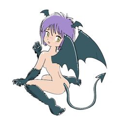 bi-nyo blush demon_girl head_wings monster_girl nude pukao purple_hair short_hair solo succubus tail wings yellow_eyes