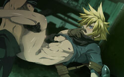 2boys anal black_monkey blackmonkey_pro blonde_hair blue_eyes cloud_strife final_fantasy final_fantasy_vii gay gloves hand_over_mouth male male_only multiple_boys pecs penis shirt_lift yaoi zack_fair