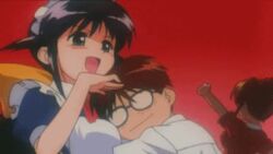 1boy andou_mahoro animated blue_hair brown_hair glasses green_eyes laugh laughing lowres mahoromatic maid male misato_suguru ojou-sama_pose screencap shikijou_saori