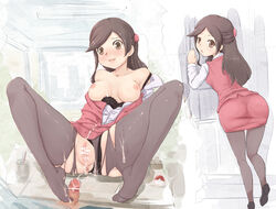 1boy 1girls areolae ass black_bra black_panties blush bra bra_pull breasts breasts_out brown_eyes brown_hair censored clerk_(pokemon) clothing cum cum_in_pussy cum_inside cum_on_body cum_on_clothes cum_on_lower_body cum_on_pussy feet female footjob footjob_with_legwear game_freak human human_only lingerie long_hair looking_back male matching_underwear nintendo nipples npc_trainer office_lady office_lady_(pokemon) open_mouth panties panties_aside panties_under_pantyhose pantyhose partially_colored penis poke_ball pokemon pokemon_bw pussy shaved_pussy sitting skirt_suit small_penis spread_legs standing straight suit toes torn_clothes torn_pantyhose underwear uniform yuno_(artist)