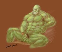 2012 6suan body_hair brown_background chest_hair digital_media_(artwork) foreskin glans green_skin humanoid looking_down male male_only masturbation muscular orange_eyes orc orc_male penis pointy_ears pubes simple_background solo solo_male tusks