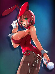 1girls anal_beads anal_beads_tail bunnysuit censored costume cum female hi_res pantyhose playing_card rio_rollins sex_toy solo super_blackjack tail