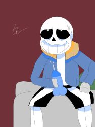 1boy 2d animated_skeleton bedroom blue_penis clothing color cum drooling ectopenis eyes_rolling_back gigachad_pose male male_only masturbation penis pleasure_face sans skeleton uncensored undertale undertale_(series)