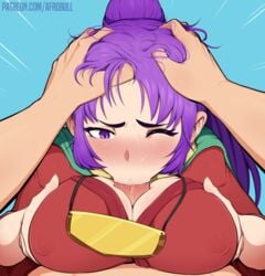 1boy 1girls :>= afrobull arc_the_lad blush breast_grab breasts cleavage clothed erection fellatio female forced head_grab kukuru male one_eye_closed oral paizufella paizuri paizuri_under_clothes penis ponytail pov purple_eyes purple_hair saliva straight sweat uncensored