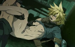 2boys anal black_monkey blackmonkey_pro blonde_hair cloud_strife final_fantasy final_fantasy_vii gay gloves hand_over_mouth male male_only multiple_boys pecs penis shirt_lift yaoi zack_fair