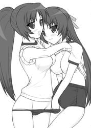 07th_expansion 2girls :3 bloomers bow breasts buruma cameltoe female greyscale gym_uniform higurashi_no_naku_koro_ni incest line_art mion_sonozaki monochrome multiple_girls panty_pull ponytail ribbon shichimenchou shion_sonozaki shirt_lift siblings sisters sleeves_rolled_up t-shirt tied_hair twincest twins undressing yuri