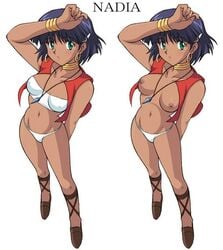 1girls artist_request bandeau breasts character_name dark-skinned_female dark_skin earrings female female_only fushigi_no_umi_no_nadia gainax human jewelry medium_breasts nadia_la_arwall nipples purple_hair pussy sandals shirtless short_hair solo text tubetop vest white_background