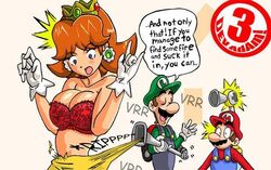 assisted_exposure bra breasts cleavage clothing crown euf female fludd hat human jpeg_artifacts lingerie lowres luigi luigi64 male mario mario_(series) nintendo princess_daisy super_mario_bros. super_mario_sunshine torn_clothes underwear undressing_another vacuum_cleaner