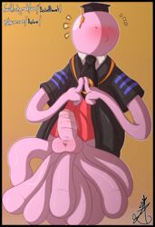 2018 aliasing alien anthro asbel_lhant_(artist) assassination_classroom hat humanoid_penis koro-sensei male male_only necktie penis robe shy simple_background sitting solo tentacle testicles uncut