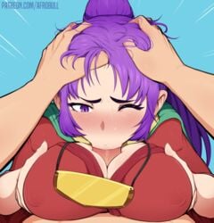 :>= afrobull arc_the_lad blush breast_grab breasts cleavage clothed erection fellatio female forced head_grab kukuru male one_eye_closed oral paizufella paizuri paizuri_under_clothes penis ponytail pov purple_eyes purple_hair straight sweat