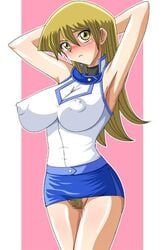 armpits arms_up blonde_hair blush breasts large_breasts miniskirt nipple_bulge nipples obelisk_blue_uniform pubic_hair pussy skirt tenjouin_asuka yu-gi-oh!