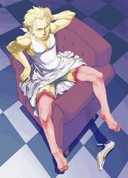 1boy blonde_hair blue_eyes chair checkerboard crossdressing dress earrings high_heels jewelry male male_only open_mouth panties persona persona_4 scar see-through shin_megami_tensei shoes short_hair solo tatsumi_kanji thighhighs tsuzuki_(matchbox) underwear