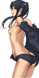 1girls ass back black_hair breasts butt_crack d.gray-man female jpeg_artifacts lenalee_lee midriff mosha nipple sideboob solo tied_hair topless twintails undressing