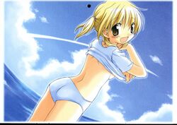 aoki_ume ass bikini blonde_hair blush breasts brown_eyes cloud female from_behind hi_res hidamari_sketch large_breasts looking_at_viewer looking_back miyako official_art open_mouth ponytail short_hair sideboob sky smile solo swimsuit tied_hair undressing yellow_eyes