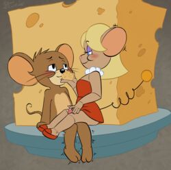 anthro blue_eyes blush brown_fur cheese clothing couple_(disambiguation) cum cute dress duo erection female food fur hair jerry_mouse machine male mammal mouse penis robot rodent sex sitting smile soulcentinel springtail teasing thigh_sex tom_and_jerry