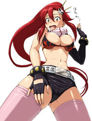 bikini_top blush breasts erect_nipples gloves hi_res long_hair nigou nipple_slip nipples ponytail puffy_nipples red_hair shorts sweat swimsuit tengen_toppa_gurren-lagann tengen_toppa_gurren_lagann thighhighs tied_hair yoko_littner