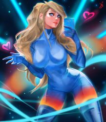 1girls blonde_hair blue_eyes curvaceous curvy curvy_female curvy_figure female female_focus female_only heart hourglass_figure leaning leaning_forward legs_apart light-skinned_female light_skin long_hair metroid mostly_clothed nintendo phone pose posing samus_aran smartphone solo solo_female tattiart voluptuous zero_suit_samus