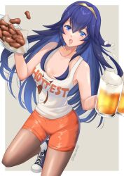 1girls alcohol alternate_costume bangs beer blue_eyes blue_hair blush breasts cleavage clothes_writing cup employee_uniform female female_only fire_emblem fire_emblem_awakening hair_between_eyes hooters long_hair looking_at_viewer lucina_(fire_emblem) mug nintendo open_mouth pantyhose short_shorts shorts simple_background snow20200 solo symbol-shaped_pupils tank_top tiara uniform waitress