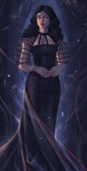 1girls black_dress black_hair choker cleavage curvaceous curvy curvy_female curvy_figure female female_focus female_only fully_clothed hourglass_figure light-skinned_female light_skin long_hair night purple_eyes solo solo_female tattiart the_witcher_(series) the_witcher_3:_wild_hunt voluptuous witch yennefer