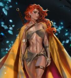 1girls breasts cape cleavage curvaceous curvy curvy_female curvy_figure exposed_torso female female_focus female_only hourglass_figure light-skinned_female light_skin marvel marvel_comics mostly_nude mostly_nude_female navel pose posing red_hair red_sonja solo solo_female sword tattiart voluptuous watermark