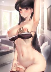 1girls 2022 2boys :0 arm_up armpits ass big_breasts black_hair blush bra bra_pull breast_grab breasts censored erect_nipples heart-shaped_pupils highres kimoshi komi-san_wa_komyushou_desu komi_shouko long_hair looking_at_viewer mosaic_censoring olm_(studio) penis_between_legs pubic_hair purple_eyes thick_thighs touching_penis