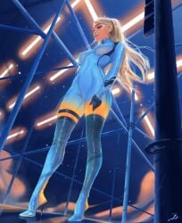 1girls blonde_hair blue_eyes curvaceous curvy curvy_female curvy_figure female female_focus female_only heels high_heel_boots high_heels hourglass_figure light-skinned_female light_skin long_hair metroid mostly_clothed nintendo samus_aran solo solo_female tattiart voluptuous zero_suit_samus