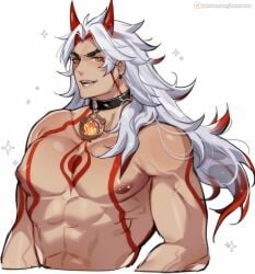 1boy ambush_(trap) arataki_itto body_markings collar fangs genshin_impact horns long_hair looking_at_viewer maemoooo male male_focus male_only muscles muscular muscular_male nipples oni oni_horns pectorals red_highlights solo solo_male sparkles upper_body white_background white_hair yellow_eyes