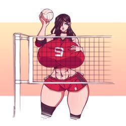 1girls 2022 amazon ball black_hair breasts breasts_bigger_than_head color erect_nipples female female_only giantess huge_breasts long_hair looking_at_viewer mini_giantess muscular muscular_female n647 net original original_character piercing seras_night solo thin_waist volleyball volleyball_net voluptuous wide_hips