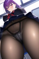 1girls ai_generated breasts classroom fate/stay_night fate_(series) female hips huge_breasts indoors large_breasts long_hair low-angle_view matou_sakura nai_diffusion panties pantyhose purple_eyes purple_hair school_uniform schoolgirl slim_waist stable_diffusion thick_thighs thighs tights wide_hips