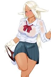 1girls big_breasts breasts bunny_ears eye_contact female long_hair looking_at_viewer miruko my_hero_academia panties panties_around_one_leg red_eyes rumi_usagiyama ryuugu school_uniform skirt thick_thighs thighs wet_clothes white_hair