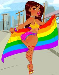 1girls brown_hair fat_ass flat_chest high_heels ironcoin lipstick pride_colors rainbow_flag tan tanline