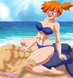 1boy abs alternate_breast_size asymmetrical_hair bangs beach bikini blue_bikini blue_swimsuit blush breasts cowgirl_position creatures_(company) eyelashes female game_freak gen_1_pokemon green_eyes gym_leader hair_tie huge_breasts kasumi_(pokemon) large_breasts legs masturbation misty_(pokemon) misty_(pokemon_rgby) muscular nintendo orange_hair outdoors pants penis pk-studios pokemon pokemon_(anime) pokemon_(game) pokemon_frlg pokemon_rgby ponytail sex side_ponytail sky straight sweat sweatdrop swimsuit thighs water