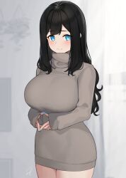 1girls 2022 black_hair blue-eyed_girl_(hayabusa) blue_eyes blue_nails blush breasts brown_sweater clothed clothing cute dress embarrassed eyebrows_visible_through_hair female female_only fingers_together grey_background hayabusa highres huge_breasts indoors large_breasts long_hair long_sleeves looking_away nail_polish nervous original short_dress shy signature smile solo standing sweater sweater_dress thick_thighs thighs tight_clothing turtleneck turtleneck_sweater wholesome